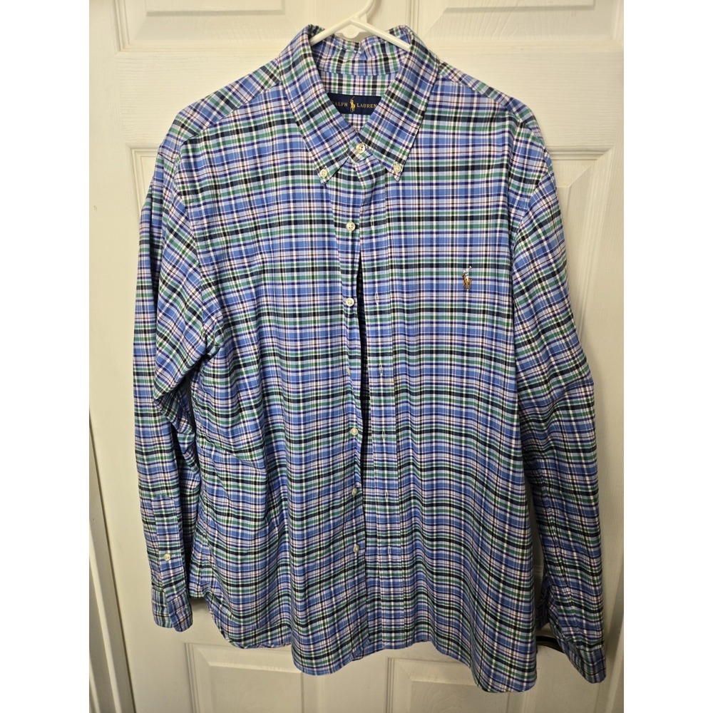 Polo Ralph Lauren Oxford Shirt Mens XL Green Blue Plaid Color Pony Button Down